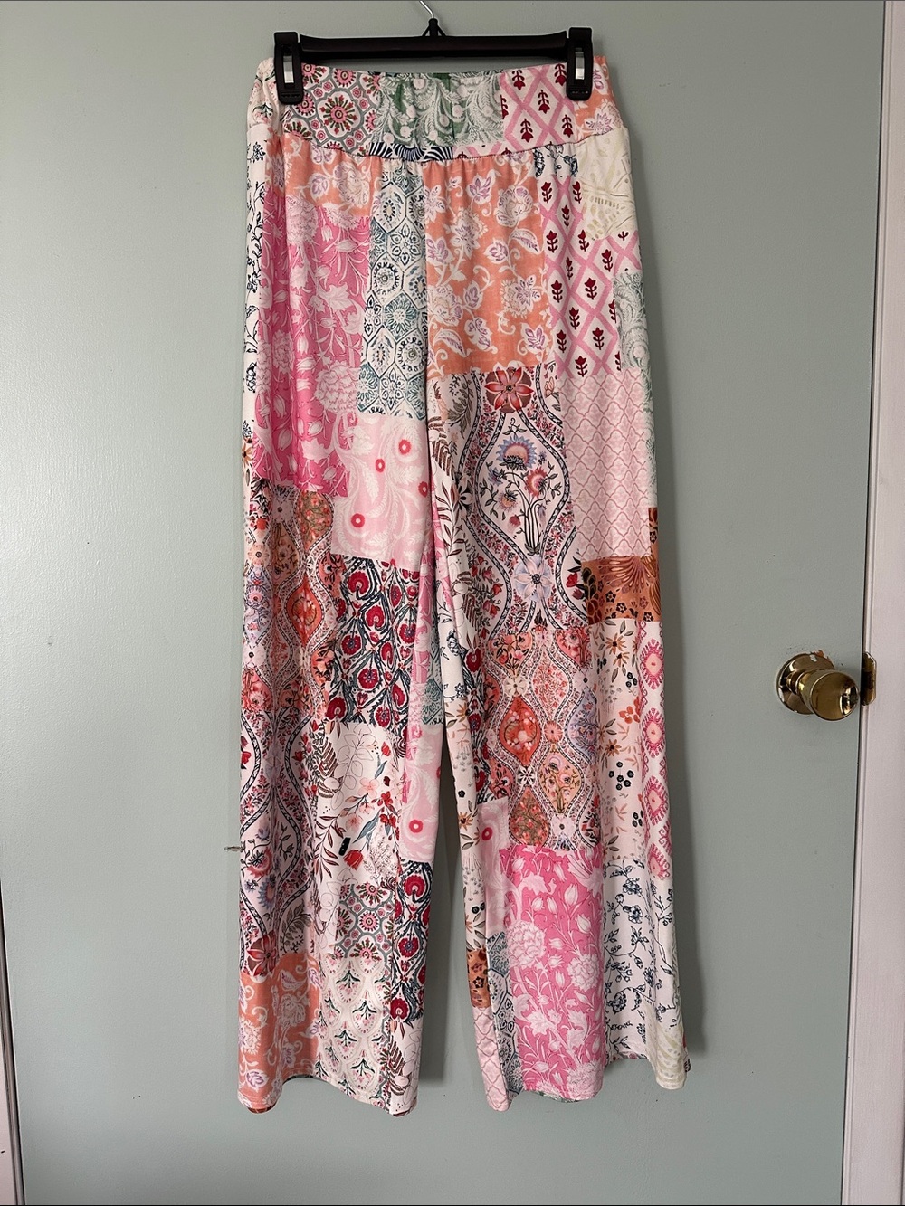 Patchwork Print Wide-Leg Palazzo Pants - Pink & Peach Mix